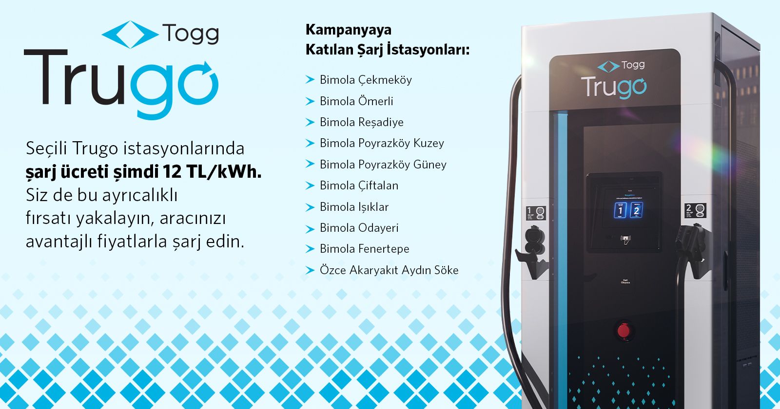 Seçili Trugo İstasyonlarında Şarj Ücreti Şimdi 12 TL/kWh